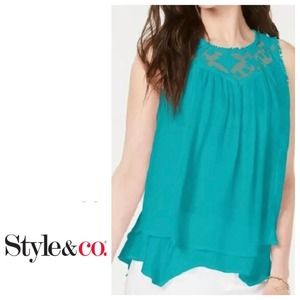 Style & Co Viscose & Lace Summer Top Layered Hem Blouse Teal Layered Hem Tunic